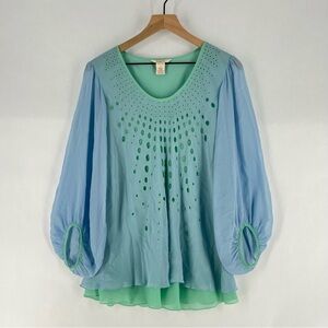 Sundance Mint Green and Light Blue Layered Balloon-Sleeve Blouse